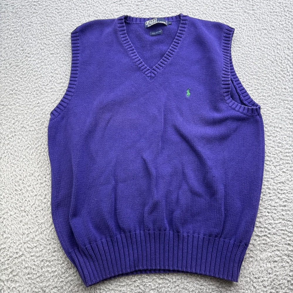 Polo Ralph Lauren Knit Sweater Vest Mens Large 100% Cotton Purple Green Pony VTG